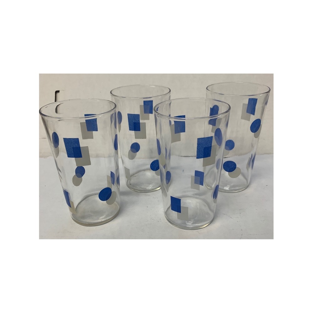Libbey 1960s MCM Geometric Tumbler Set Blue White Polka Dot Square Glass 4pc